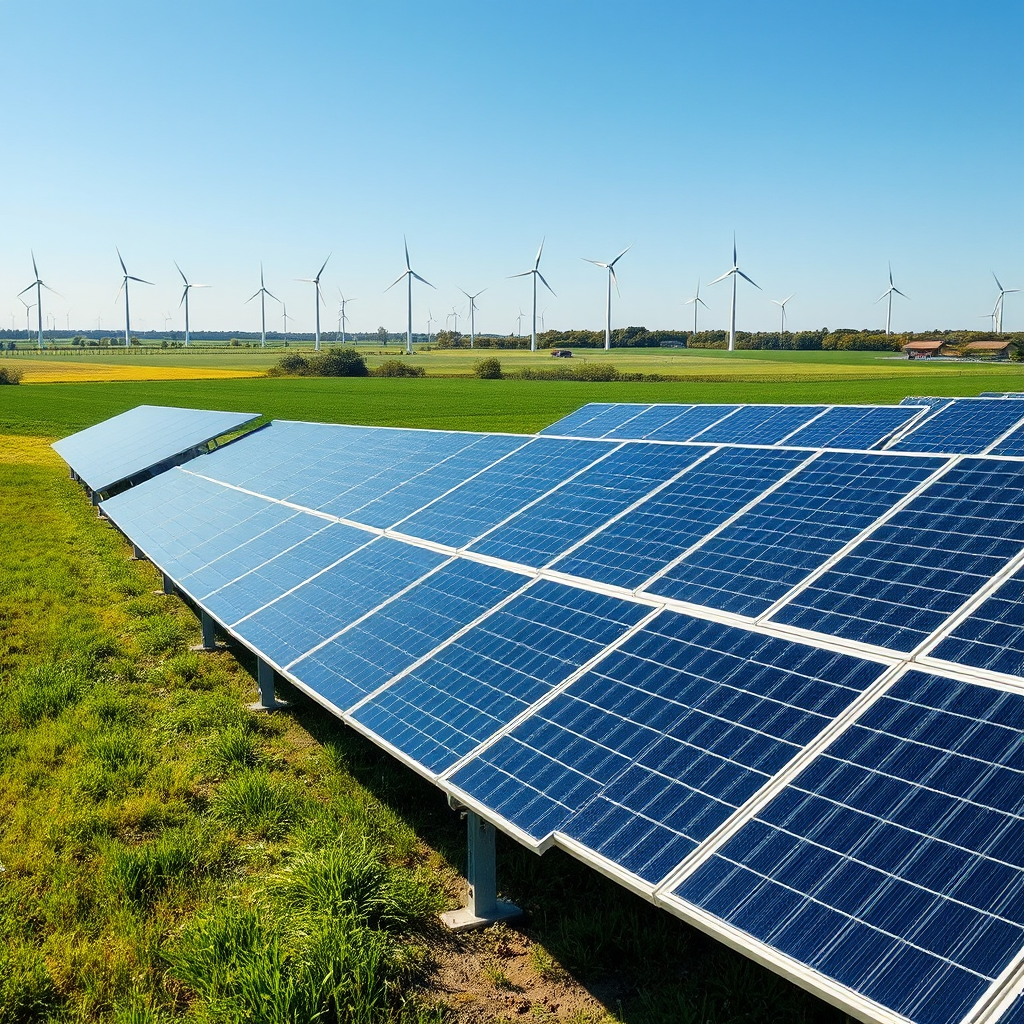 Enefit saules paneļu parks ar vēja turbīnām fonā, moderni atjaunojamās enerģijas objekti Baltijas valstu ainavā ar zilām debesīm un zaļiem laukiem