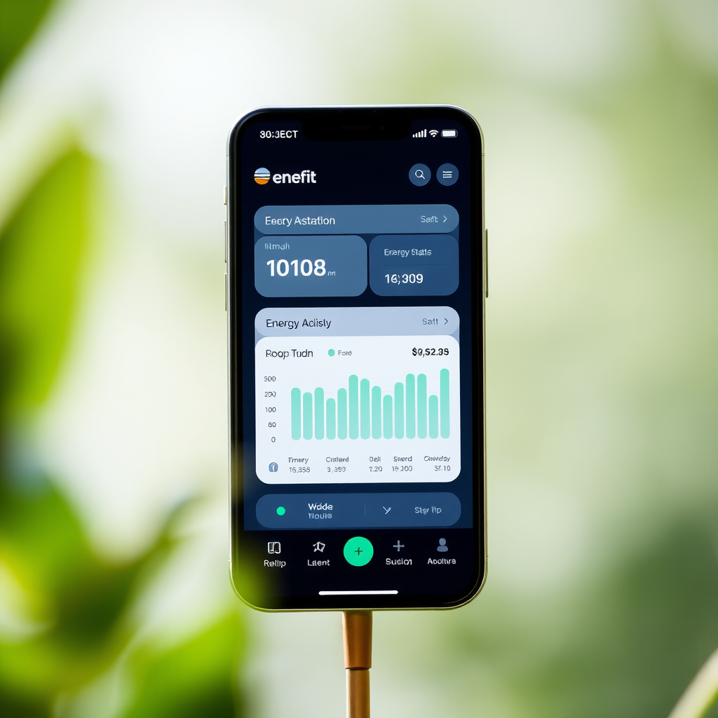 Enefit digitālā platforma ar modernas mobilās lietotnes saskarni, rādot enerģijas patēriņa grafikus un rēķinu pārvaldības funkcijas uz viedtālruņa ekrāna