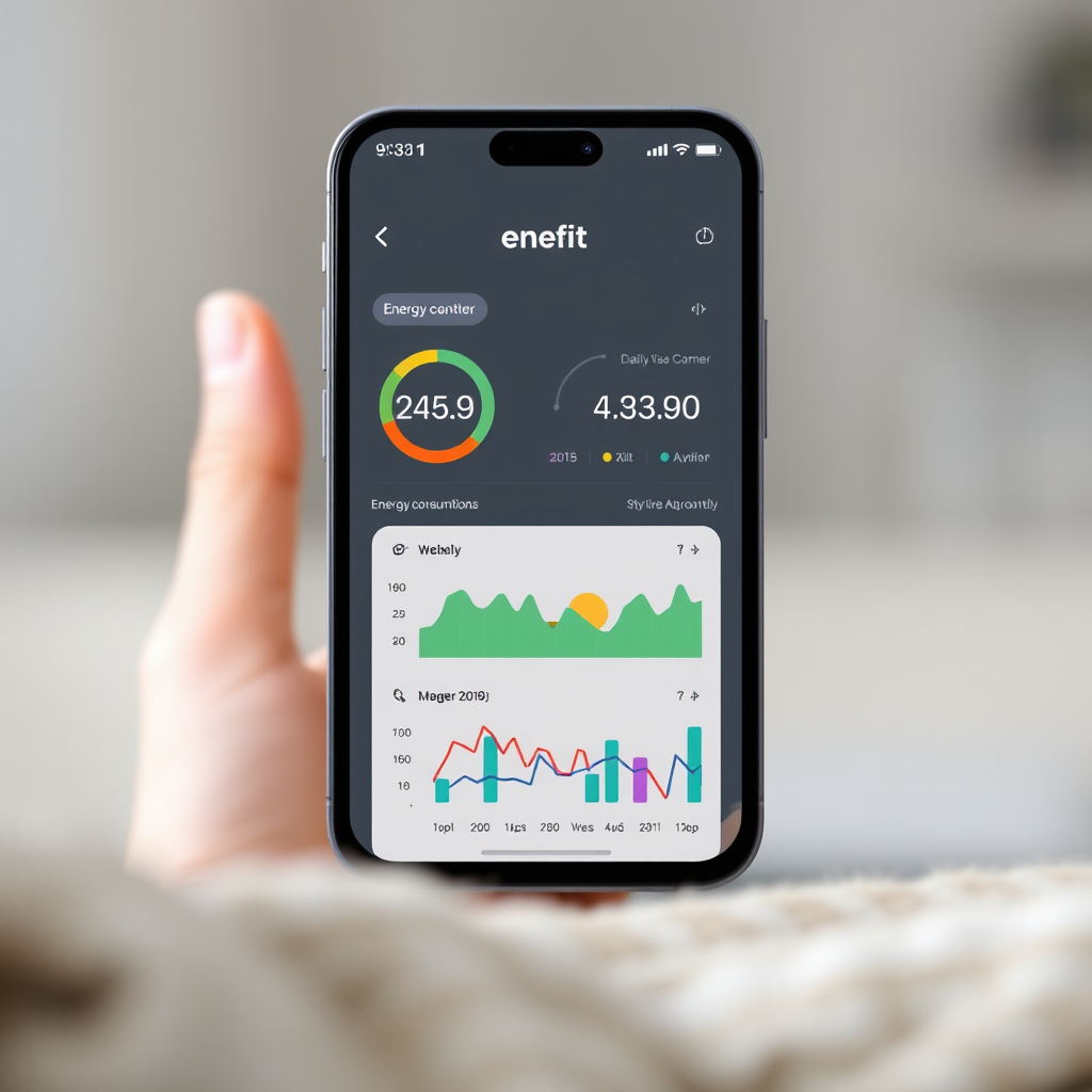 Enefit mobilās lietotnes ekrāns ar detalizētu enerģijas patēriņa monitoringu, rādot dienas, nedēļas un mēneša statistiku ar krāsainiem grafiem