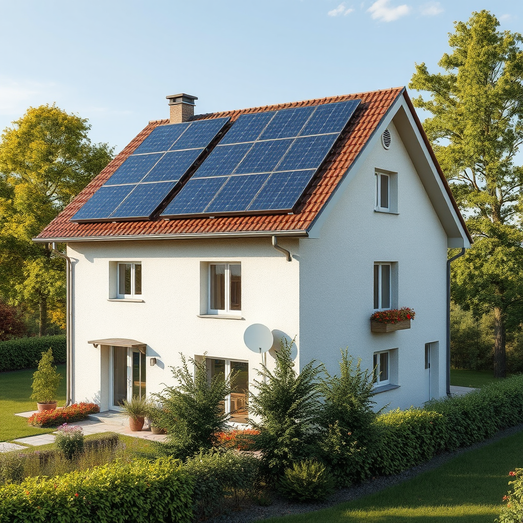 Energoefektīva māja ar saules paneļiem uz jumta un modernām siltumizolācijas tehnoloģijām