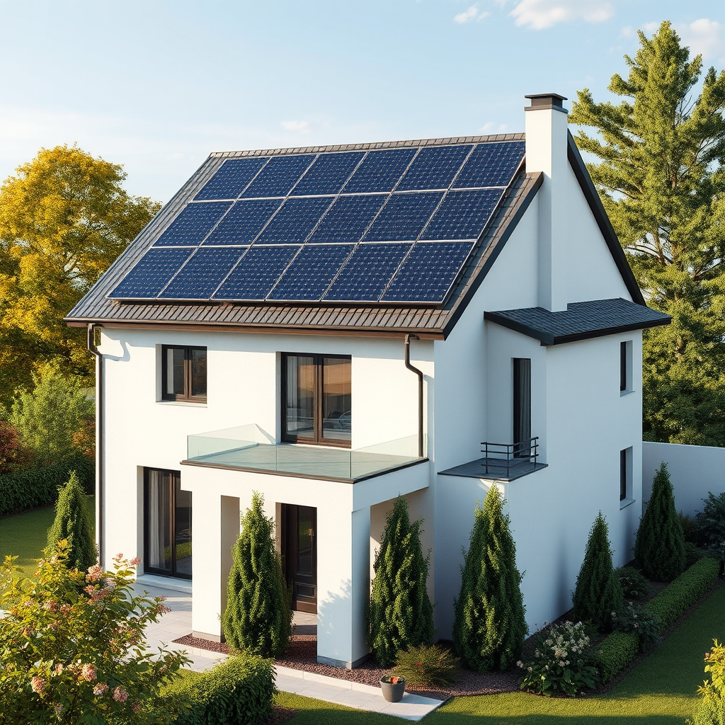 Moderna māja ar saules paneļiem uz jumta, kas ražo tīru enerģiju un samazina elektrības rēķinus