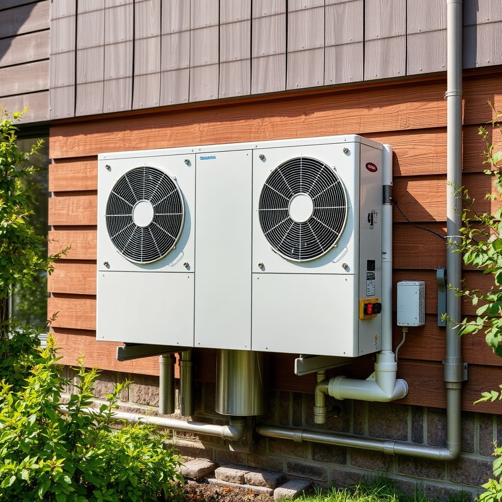 Siltuma sūkņu risinājumi - moderns siltuma sūknis uzstādīts pie mājas ārsienas, tehniski precīzs dizains ar ventilatoriem un cauruļvadiem