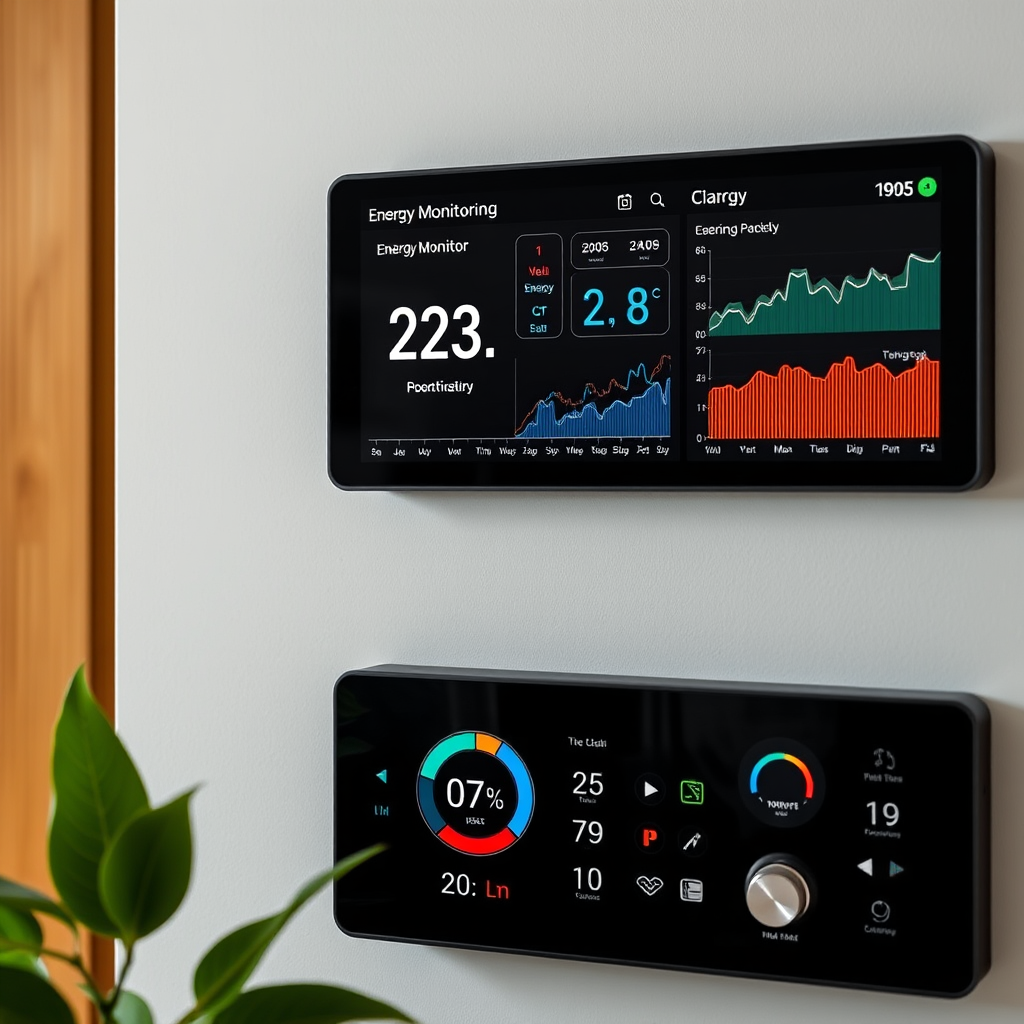 Enerģijas monitoringa sistēmas - digitāls ekrāns ar reāllaika enerģijas patēriņa datiem, grafiki un diagrammas, viedā mājas kontroles panelis